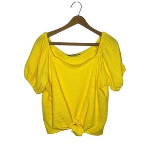 LOFT Yellow Textured Tie Front Top Women’s Large Short Sleeve Blouse